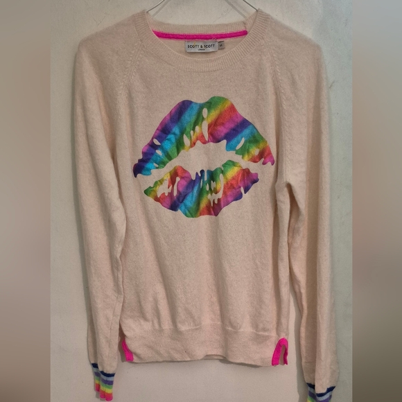 SCOTT & SCOTT LONDON Sweaters - SCOTT & SCOTT LONDON Cashmere Cream Sweater Kiss Motif In Rainbow Foil Sz.S